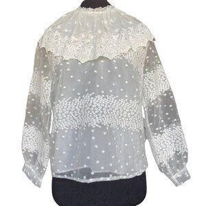 ZARA Sheer White Lace Long Sleeve Ruffle Bib Embroidered Top Women's XS